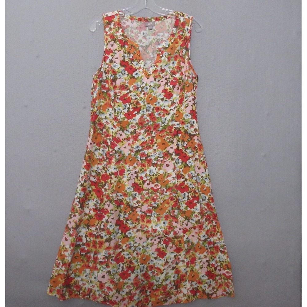 J Jill Dress 10 Orange Red Floral Midi Cottage Core Prairie Pockets A Line